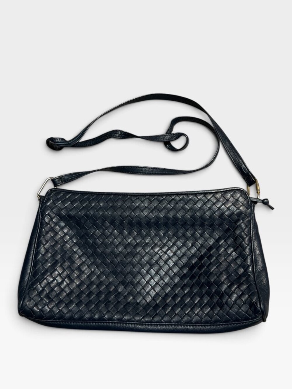 Vintage 90s Ganson Navy Woven Leather Crossbody Bag Intrecciato Quiet Luxury